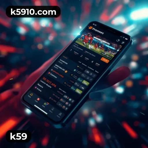 App k59 para iOS e Android — interface mobile, login biométrico e PIX integrado